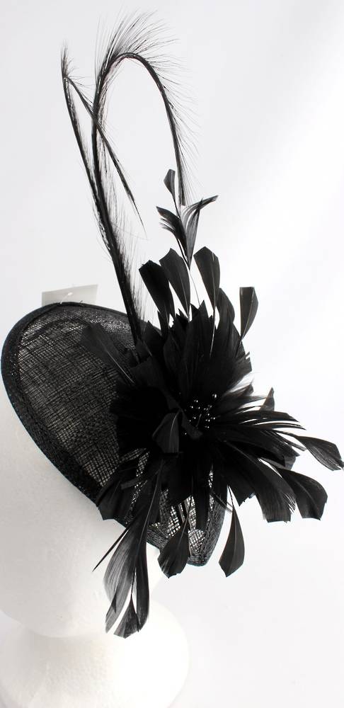 Fascinator with swooped feather and flower black Style : HS3000/BLK